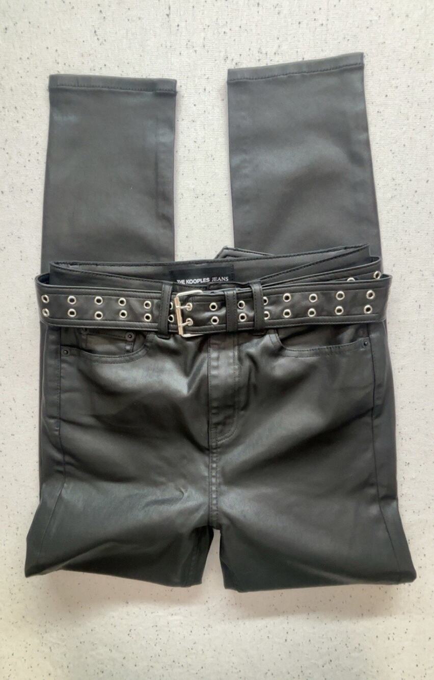 NWT The Kooples Franky Leather Effect Skinny Jeans 26 Grommet Belt Black $240